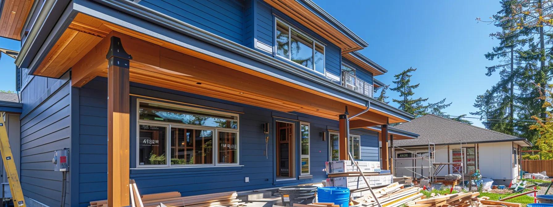 a modern construction site features skilled contractors meticulously installing sleek, high-quality siding on a stylish suburban home, with clearly marked timelines and precision tools organized nearby, signifying efficiency and professionalism. a modern construction site features skilled contractors meticulously installing sleek, high-quality siding on a stylish suburban home, with clearly marked timelines and precision tools organized nearby, signifying efficiency and professionalism.