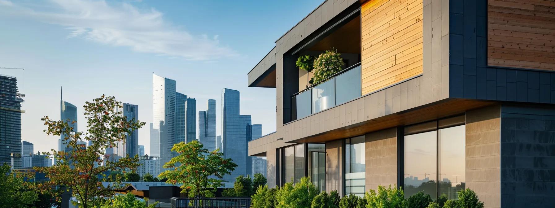 a modern home exterior showcases an elegant installation of premium fiber cement siding, prominently displayed with labels of energy efficiency and warranty coverage, set against a sleek urban skyline, highlighting the long-term investment benefits for homeowners. a modern home exterior showcases an elegant installation of premium fiber cement siding, prominently displayed with labels of energy efficiency and warranty coverage, set against a sleek urban skyline, highlighting the long-term investment benefits for homeowners.