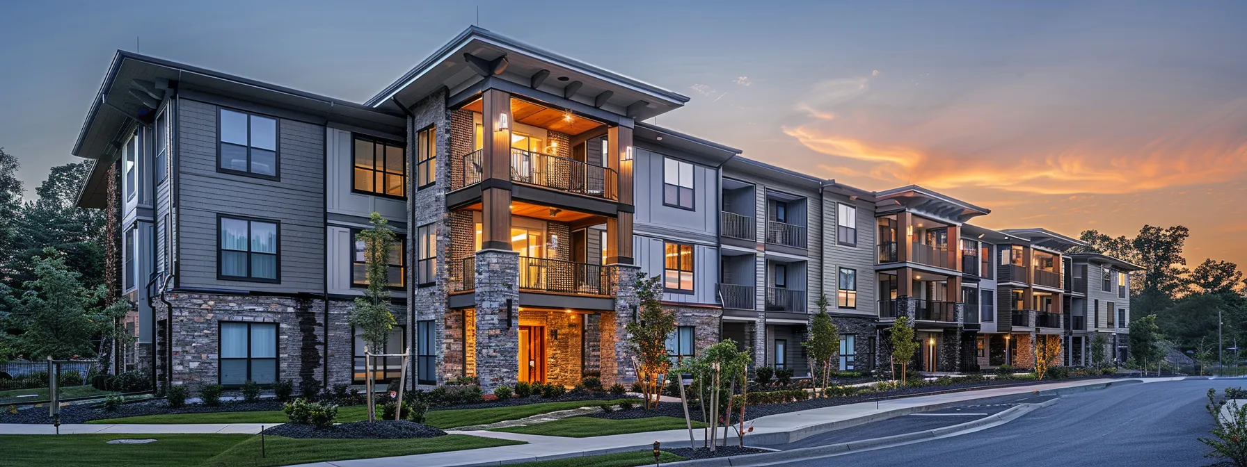 a modern residential building showcases a striking combination of stucco, brick, and stone siding, with clean architectural lines and subtle landscaping that highlights the craftsmanship and durability of the materials under warm, ambient lighting. a modern residential building showcases a striking combination of stucco, brick, and stone siding, with clean architectural lines and subtle landscaping that highlights the craftsmanship and durability of the materials under warm, ambient lighting.