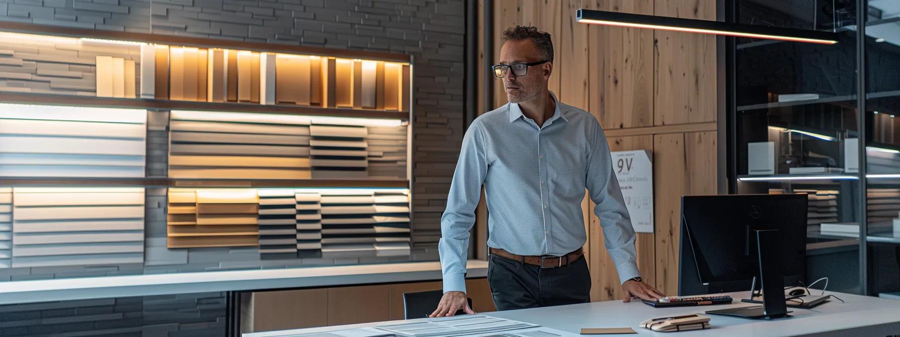an expert in a modern office setting showcases detailed siding samples to a homeowner, illuminated by bright, focused lighting that emphasizes the precision and sophistication of their consultation. an expert in a modern office setting showcases detailed siding samples to a homeowner, illuminated by bright, focused lighting that emphasizes the precision and sophistication of their consultation.