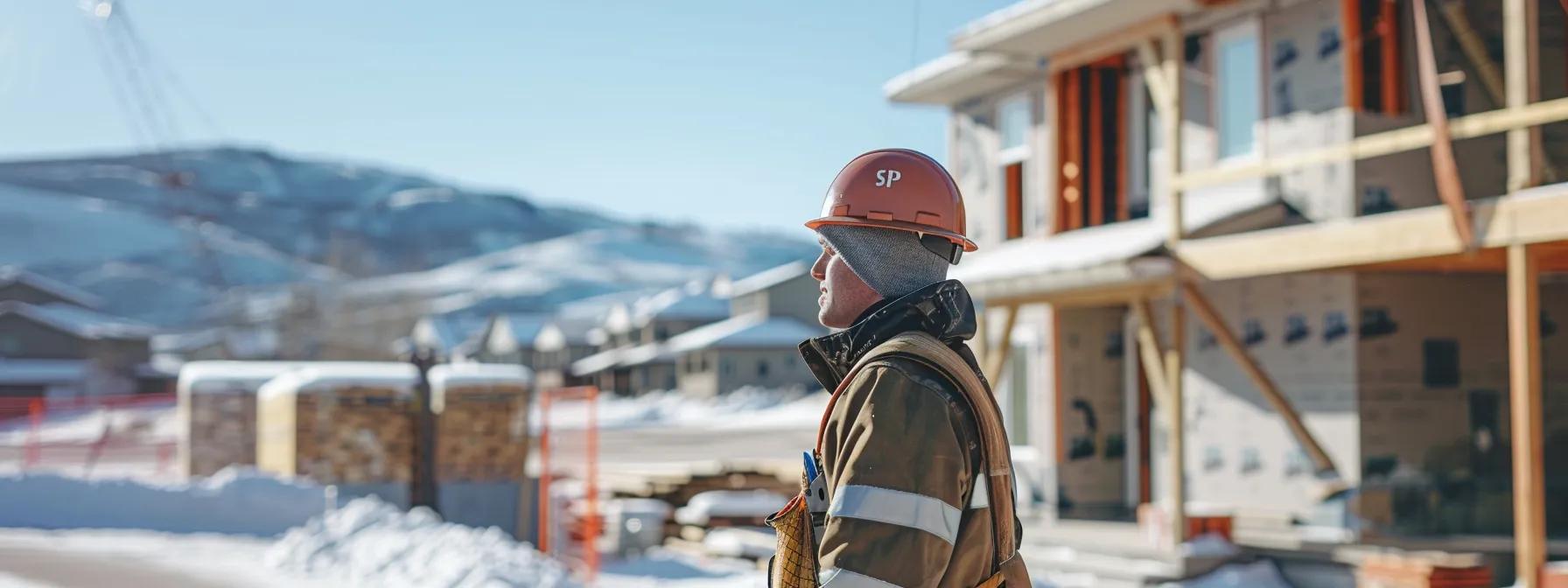 a modern construction site in park city showcases a professional contractor discussing durable fiber cement siding options with a backdrop of partially completed homes, emphasizing resilience against the region's harsh winter weather.