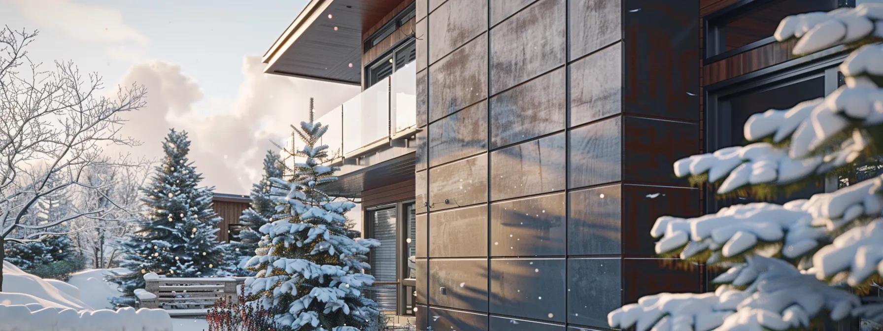 a modern home exterior in a snowy urban setting showcases sleek, durable fiber cement siding with a contractor reviewing design options, emphasizing the importance of selecting materials suited for park city's harsh climate.