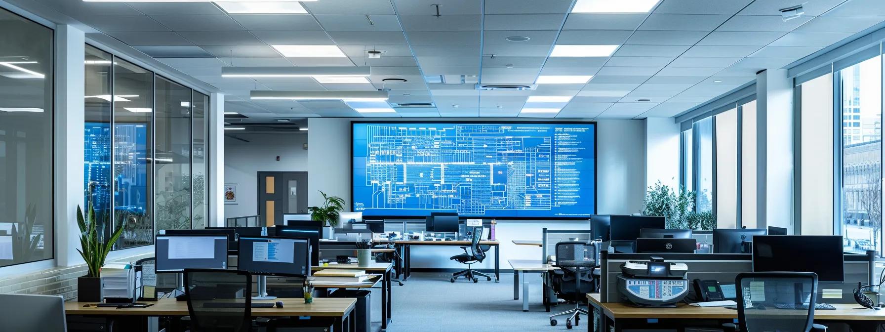 a modern office space bustling with activity, featuring a large screen displaying intricate digital blueprints and regulations for siding installations, emphasizing the meticulous planning required for compliance with park city's building codes.