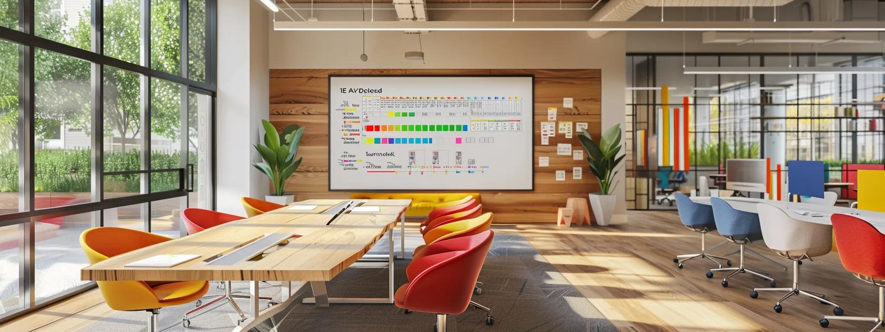 a modern, sleek office space showcases a large whiteboard filled with colorful budget breakdowns and cost analyses for a home remodel project, emphasizing strategic planning and financial awareness in the context of high-quality siding installation.