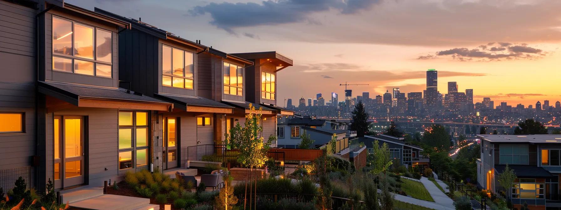 a modern urban home features newly installed, stylish exterior siding that showcases durable materials reflecting its energy-efficient design against a backdrop of a vibrant city skyline under dynamic lighting.