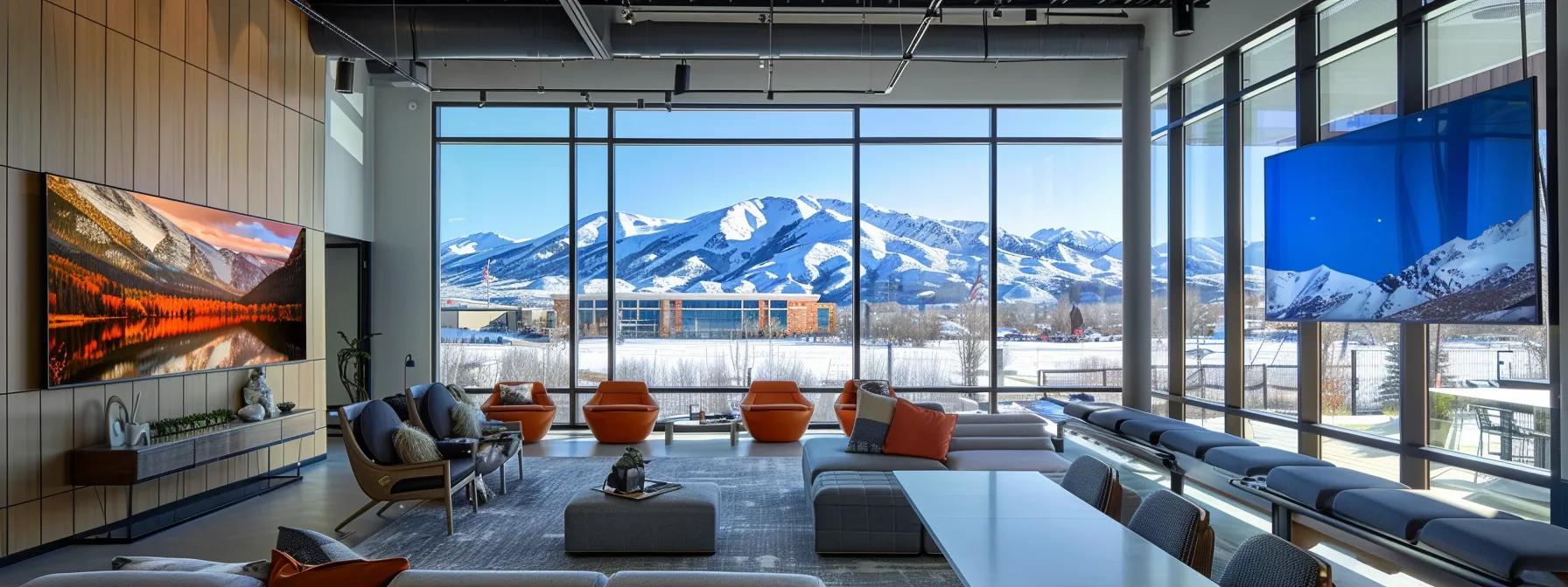a sleek, modern office setting features a confident contractor presenting a detailed portfolio of exterior siding projects, highlighting qualifications and certifications on a large screen, with the snowy peaks of park city visible through expansive windows, emphasizing expertise in local conditions.