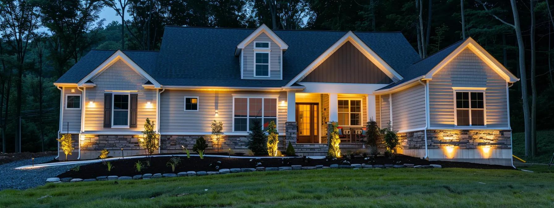 a modern home exterior showcases an elegant renovation under soft artificial lighting, with newly updated siding and coordinated architectural enhancements, highlighting the potential for future property value improvements. a modern home exterior showcases an elegant renovation under soft artificial lighting, with newly updated siding and coordinated architectural enhancements, highlighting the potential for future property value improvements.