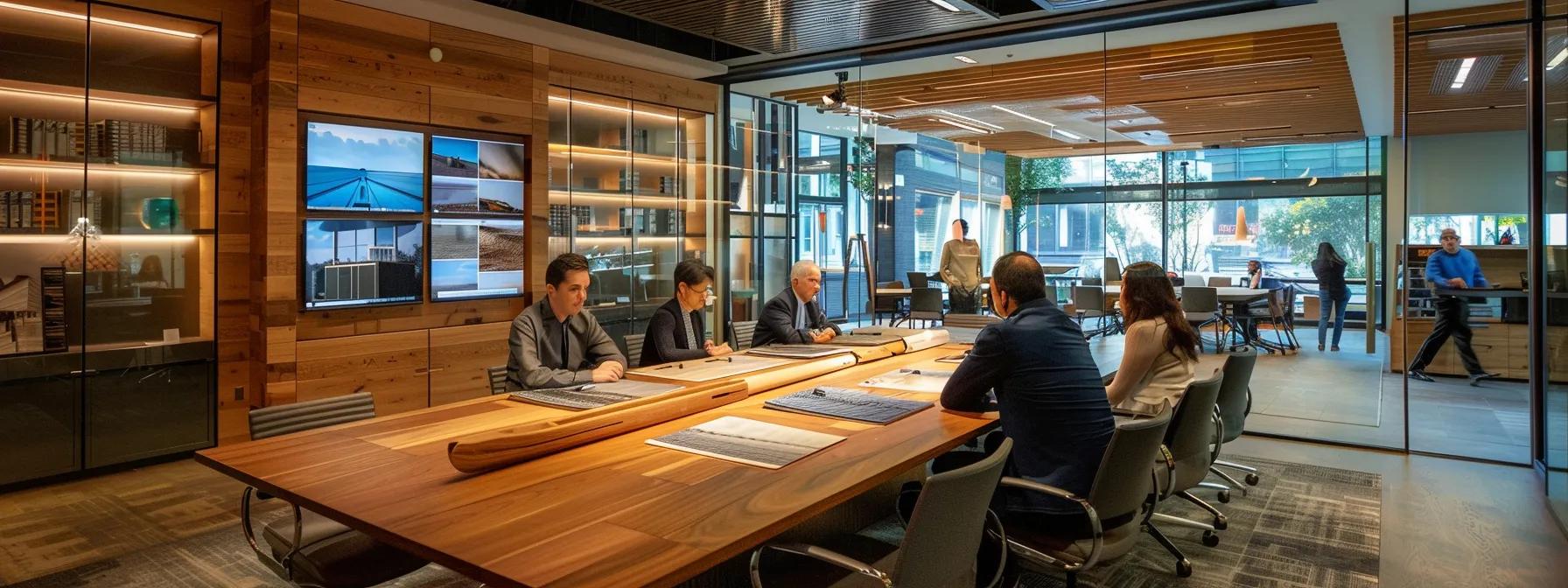 a modern, well-lit office meeting room showcases a large conference table with samples of various siding materials displayed prominently, surrounded by professionals engaged in an animated discussion, emphasizing the evaluation of durability, cost, and aesthetic appeal. a modern, well-lit office meeting room showcases a large conference table with samples of various siding materials displayed prominently, surrounded by professionals engaged in an animated discussion, emphasizing the evaluation of durability, cost, and aesthetic appeal.
