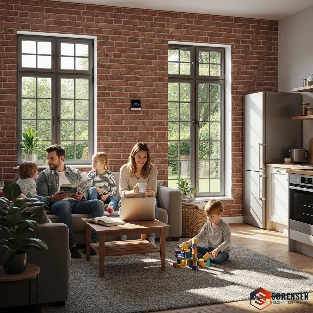 A family relaxes in a cozy living room with brick wall veneer siding, large windows, and children playing nearby in a warm, inviting space.