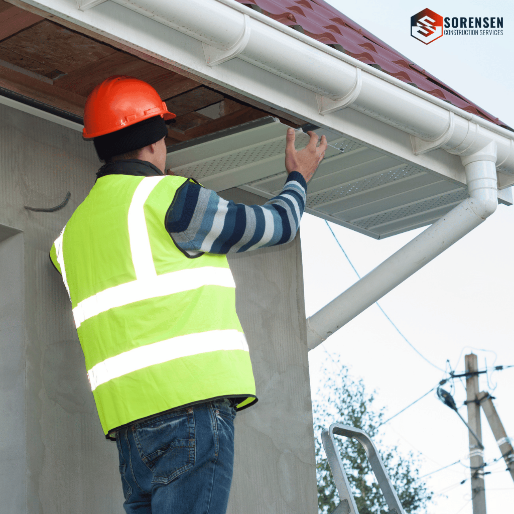 Construction worker in a reflective vest and hard hat on a ladder, inspecting a roof gutter, replacing continuous soffit vents.